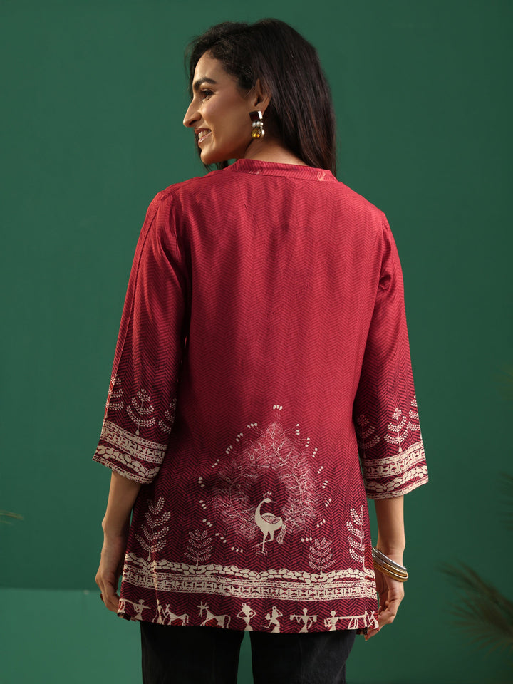 Libas Maroon Red Warli Print Muslin Straight Short Kurti