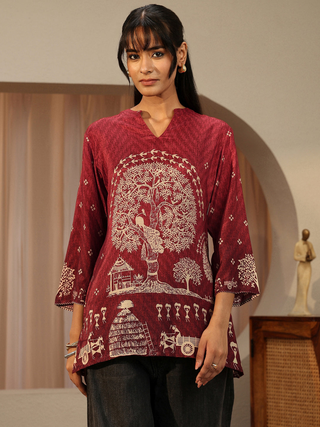 Maroon Tribal Printed Muslin Straight Short Kurti
