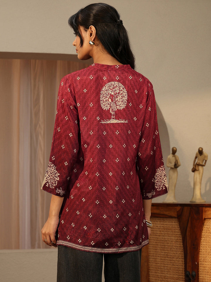 Maroon Tribal Printed Muslin Straight Short Kurti