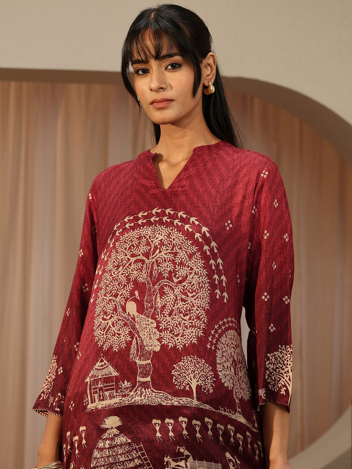 Maroon Tribal Printed Muslin Straight Short Kurti