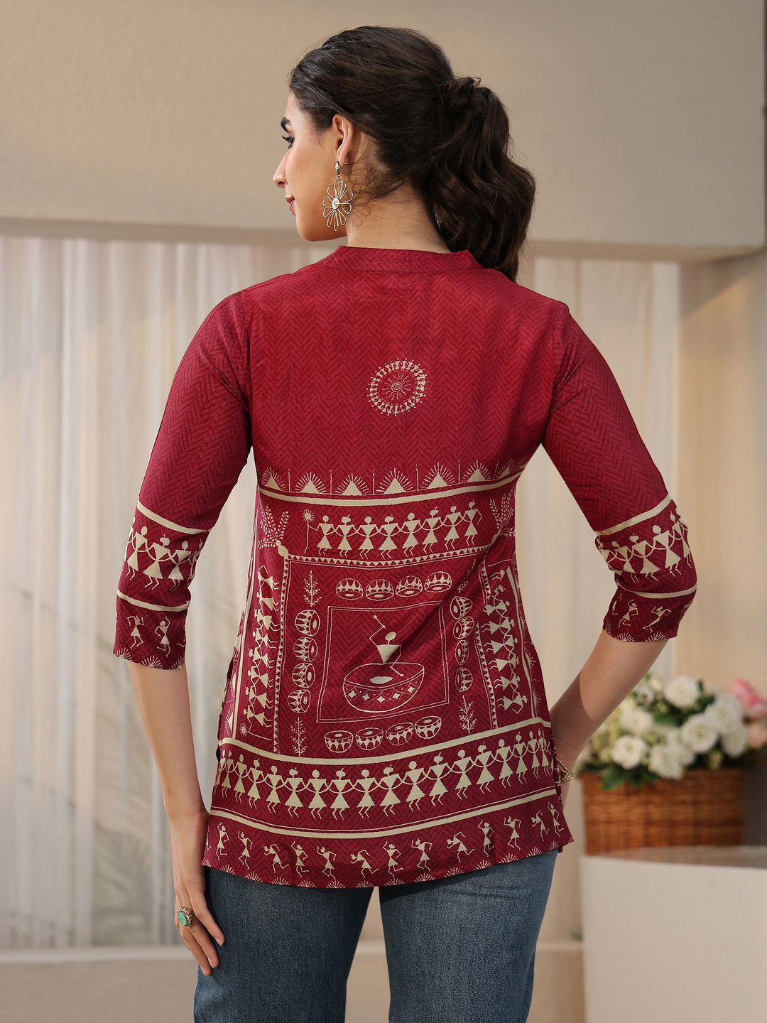 Libas Maroon Tribal Printed Straight Short Kurti
