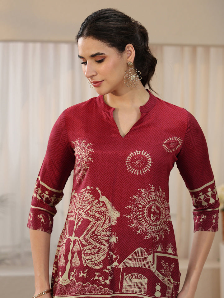 Libas Maroon Tribal Printed Straight Short Kurti