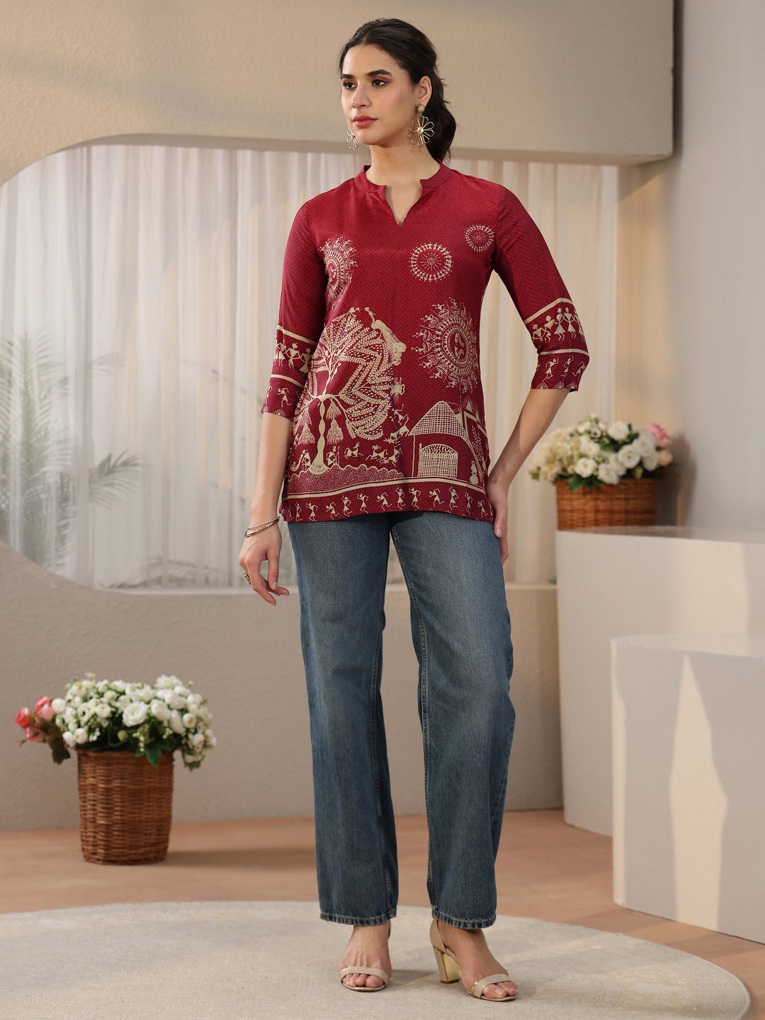 Libas Maroon Tribal Printed Straight Short Kurti