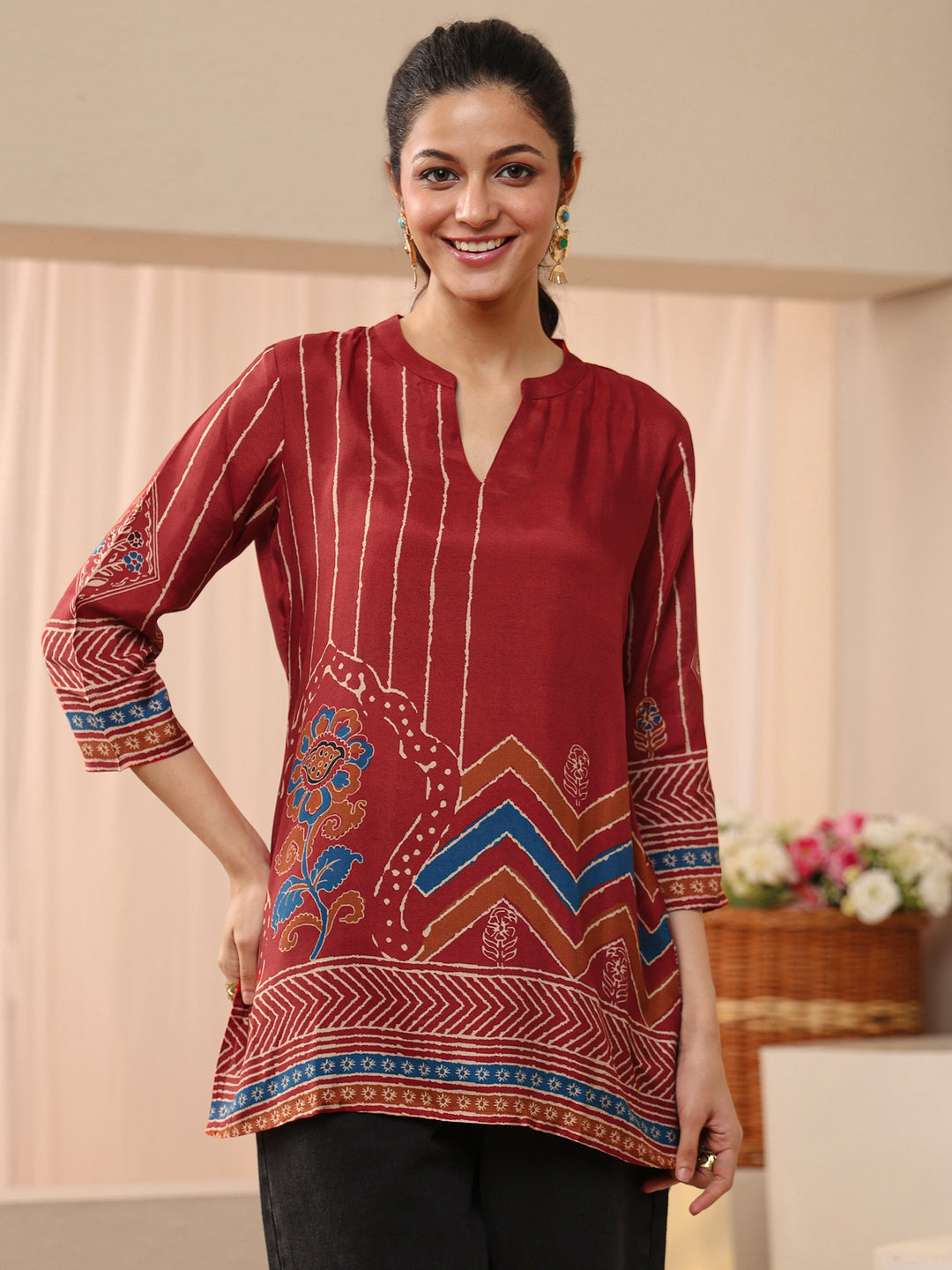 Maroon Ethnic Printed Muslin Straight Short Kurti