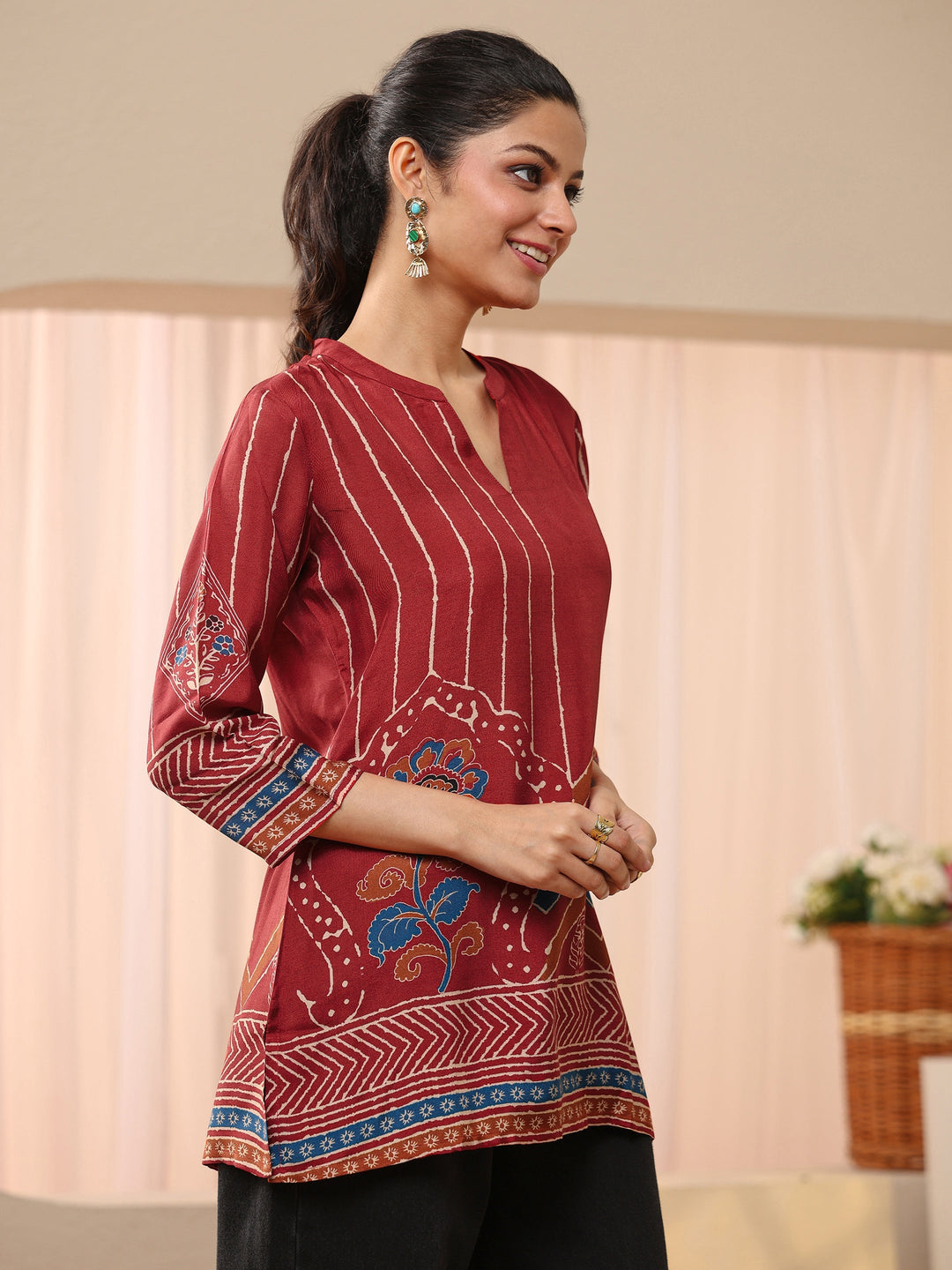 Maroon Ethnic Printed Muslin Straight Short Kurti