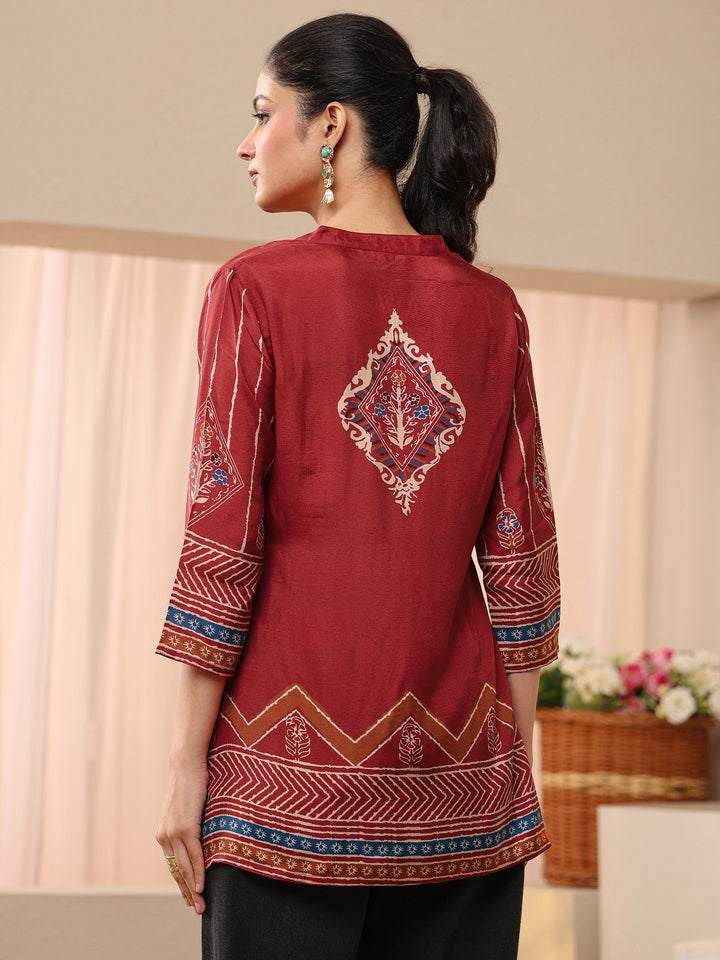 Maroon Ethnic Printed Muslin Straight Short Kurti