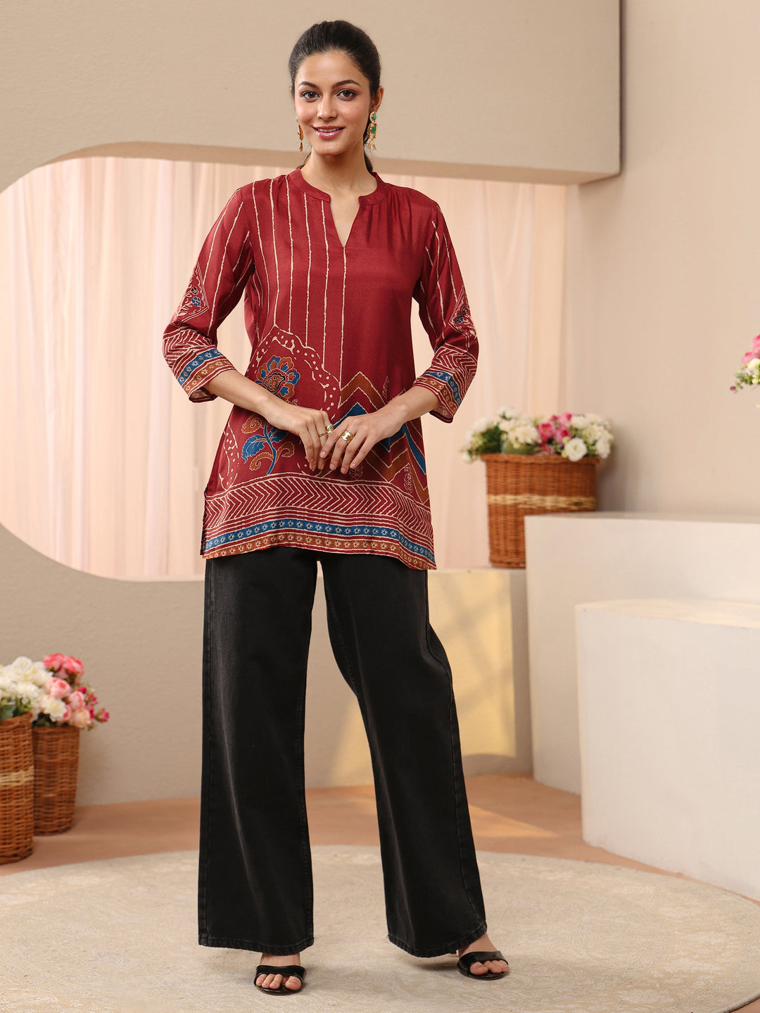 Maroon Ethnic Printed Muslin Straight Short Kurti