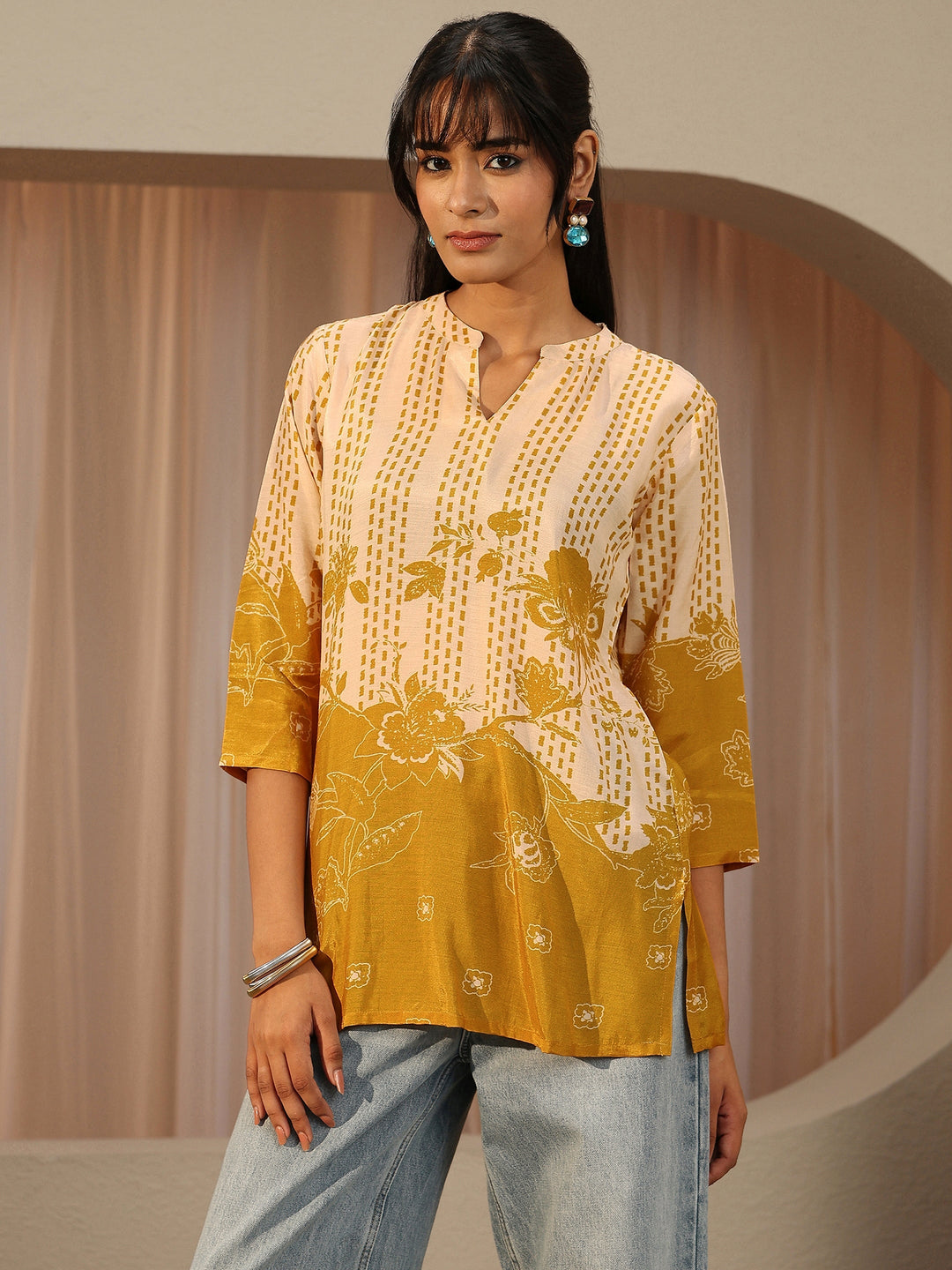 Mustard Yellow Printed Muslin Straight Short Kurti