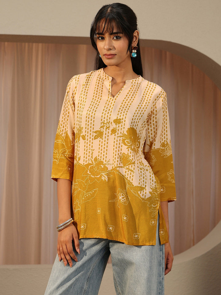 Mustard Yellow Printed Muslin Straight Short Kurti