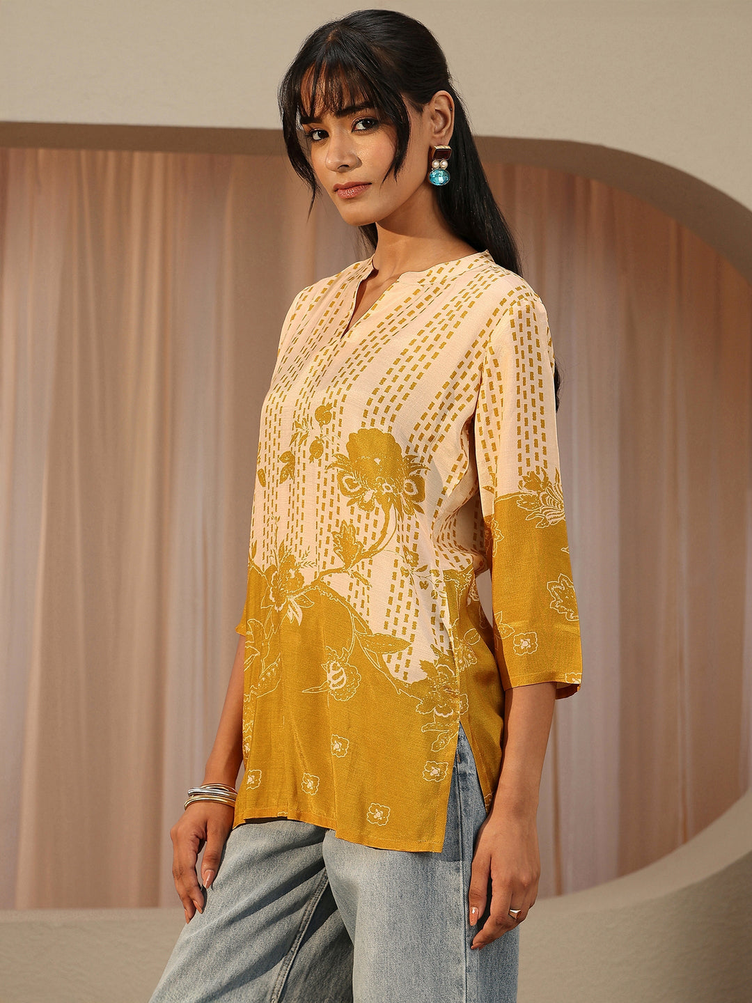 Mustard Yellow Printed Muslin Straight Short Kurti