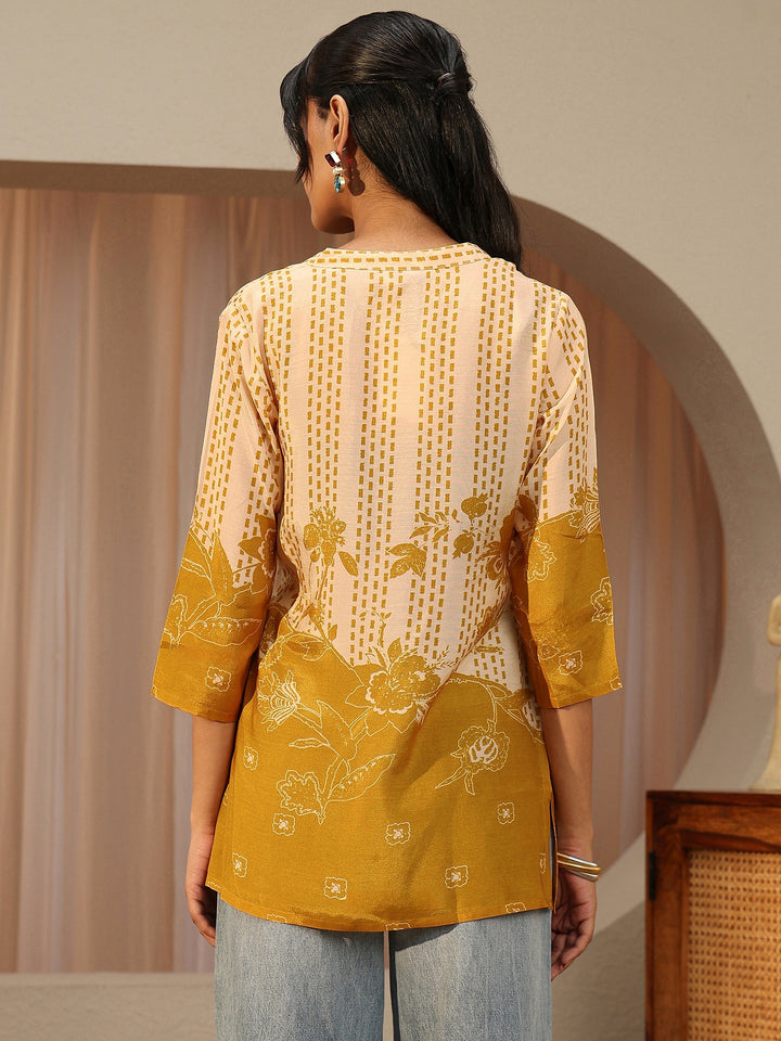 Mustard Yellow Printed Muslin Straight Short Kurti