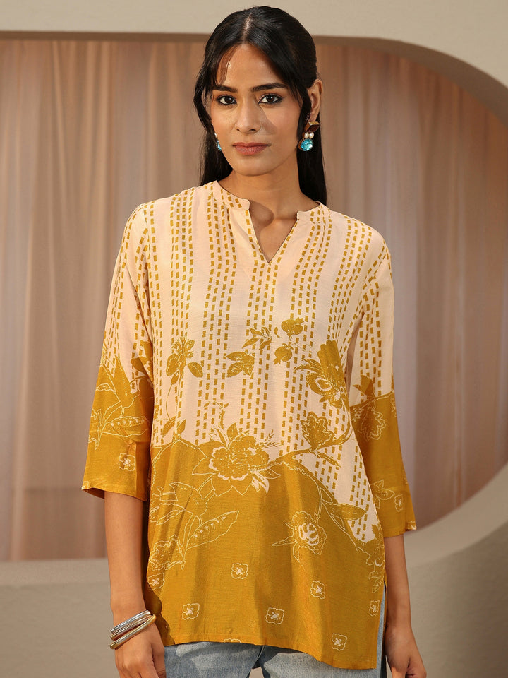 Mustard Yellow Printed Muslin Straight Short Kurti