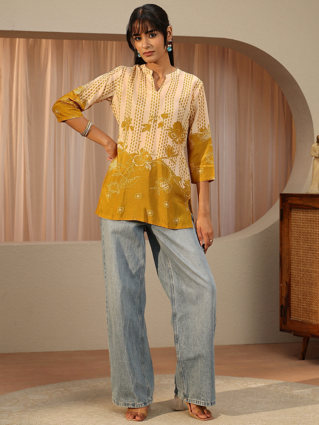 Mustard Yellow Printed Muslin Straight Short Kurti