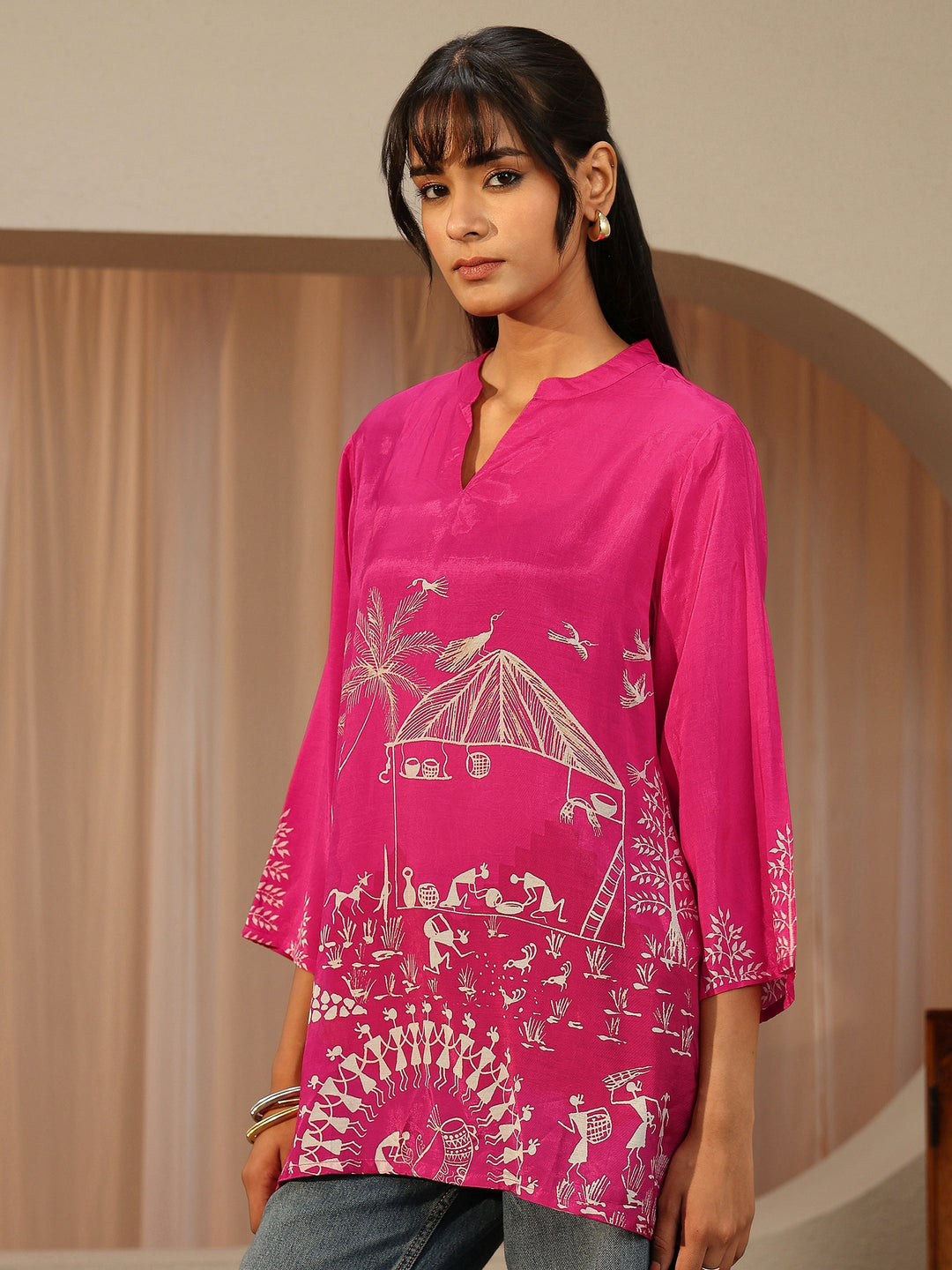 Fuchsia Pink Tribal Printed Muslin Straight Short Kurti