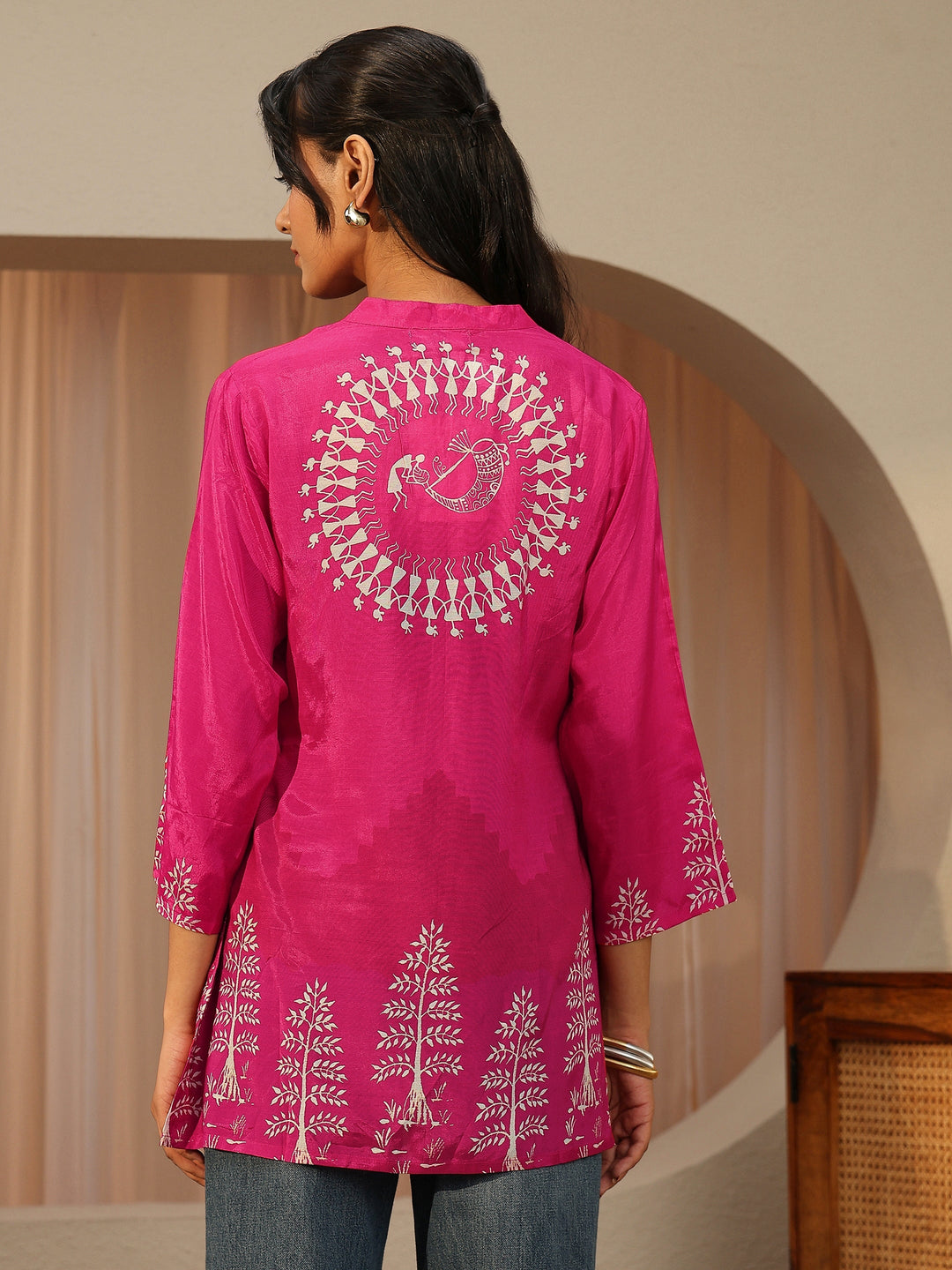 Fuchsia Pink Tribal Printed Muslin Straight Short Kurti