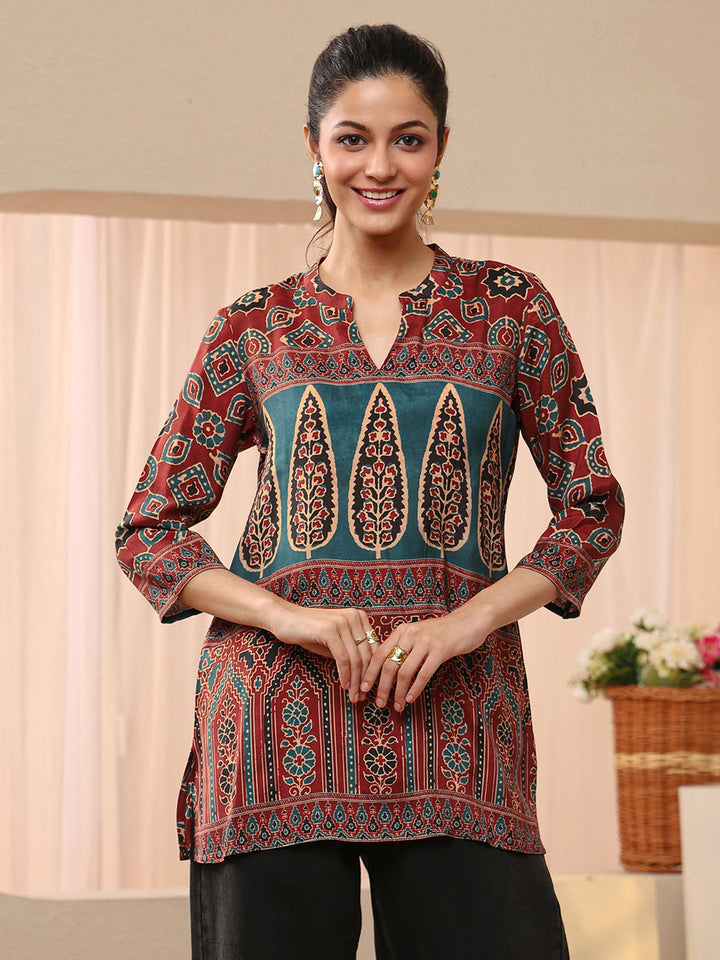 Maroon Ethnic Printed Muslin Straight Short Kurti