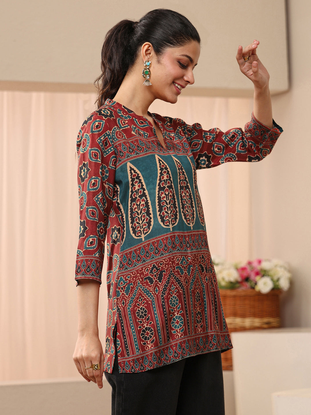 Maroon Ethnic Printed Muslin Straight Short Kurti