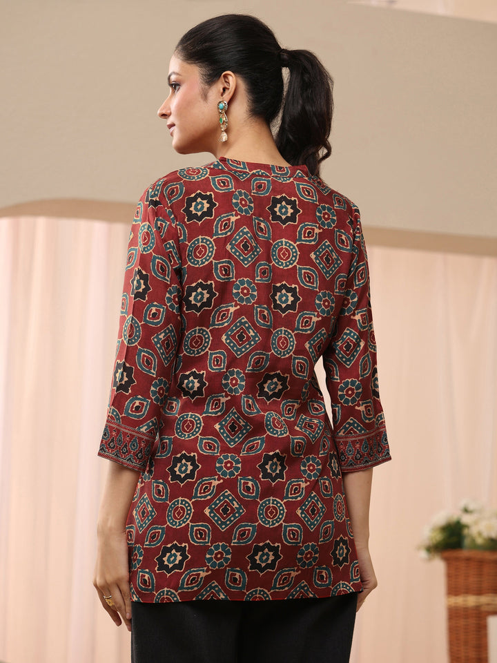 Maroon Ethnic Printed Muslin Straight Short Kurti