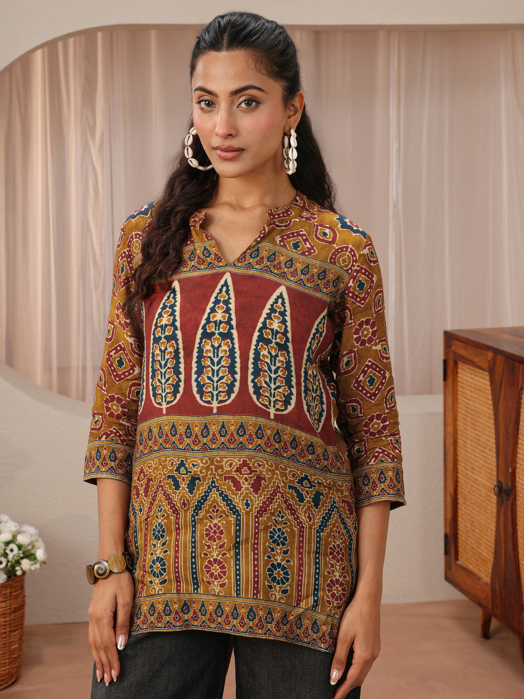 Brown Multi Printed Muslin Straight Short Kurti