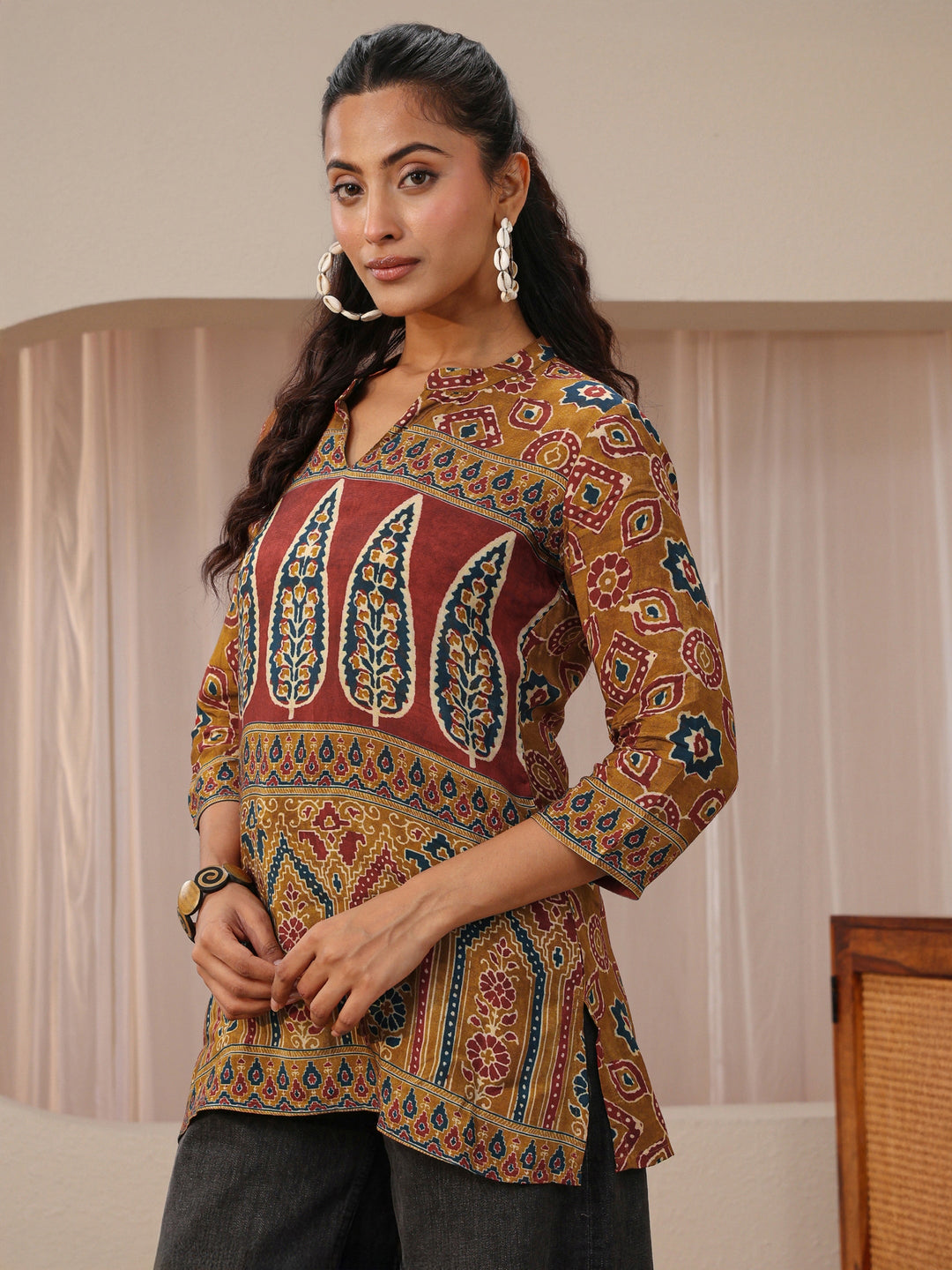 Brown Multi Printed Muslin Straight Short Kurti
