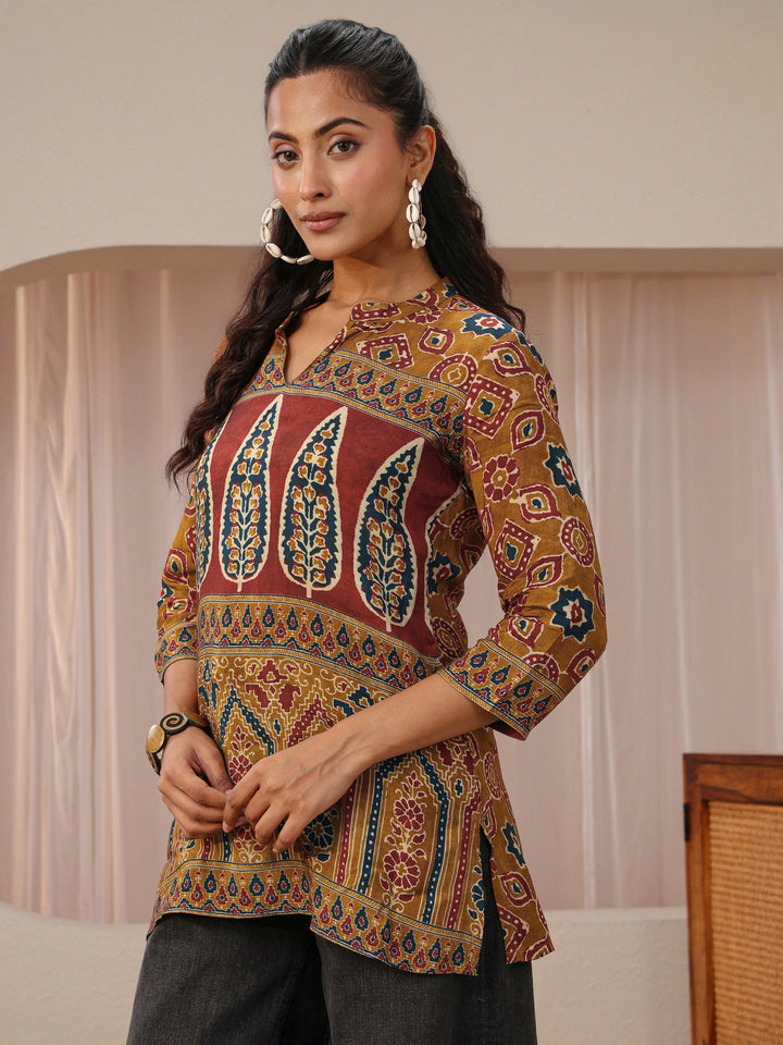 Brown Multi Printed Muslin Straight Short Kurti