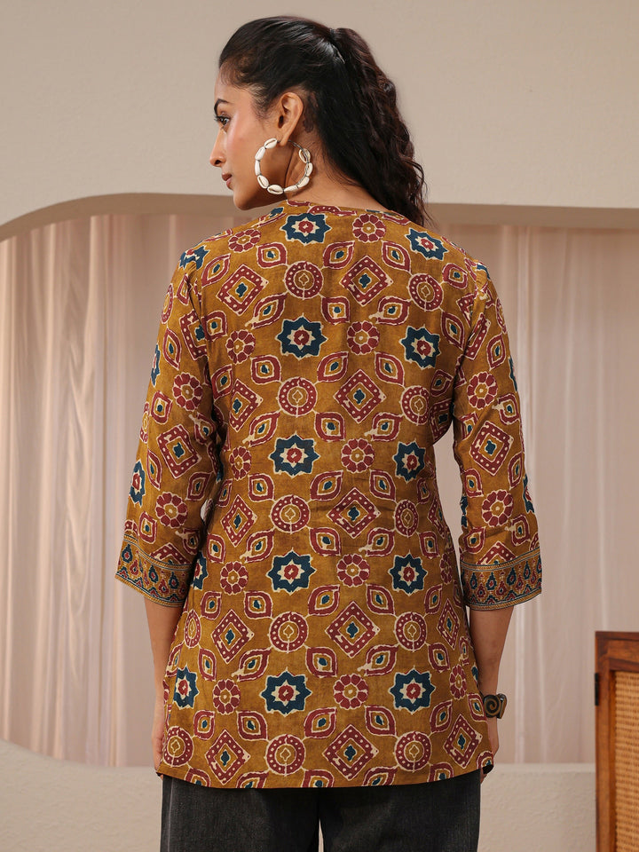 Brown Multi Printed Muslin Straight Short Kurti