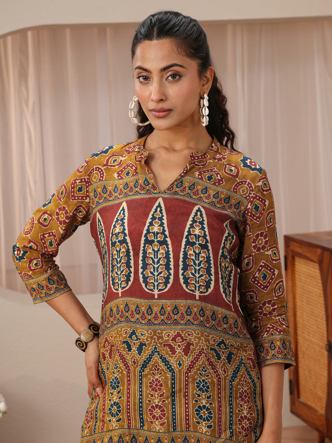 Brown Multi Printed Muslin Straight Short Kurti