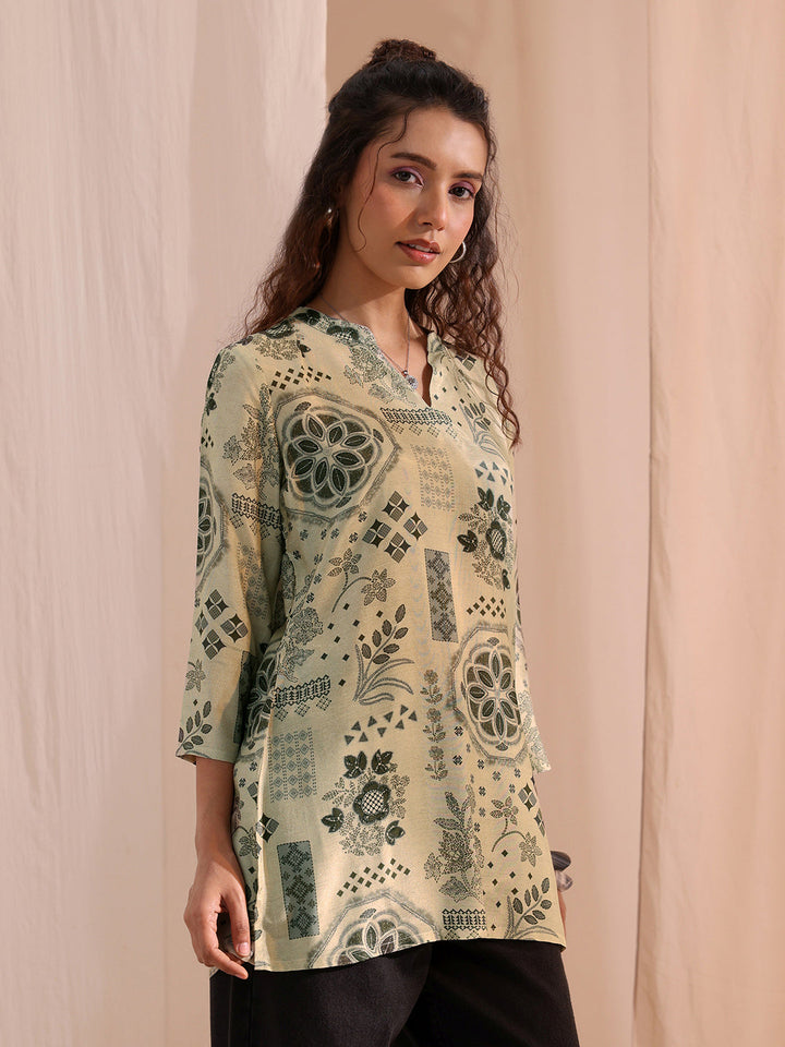 Libas Grey Ethnic Motif Printed Silk Blend Straight Short Kurti