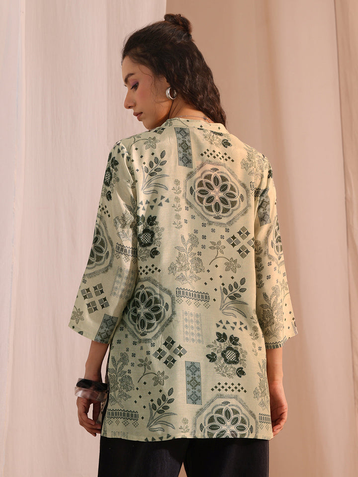 Libas Grey Ethnic Motif Printed Silk Blend Straight Short Kurti