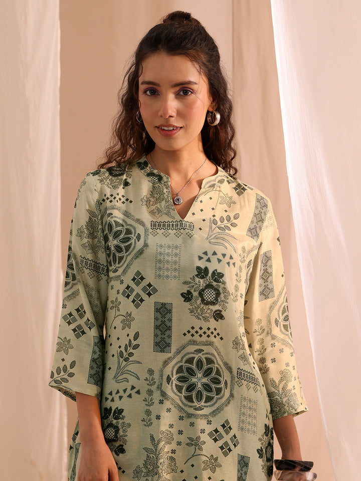 Libas Grey Ethnic Motif Printed Silk Blend Straight Short Kurti