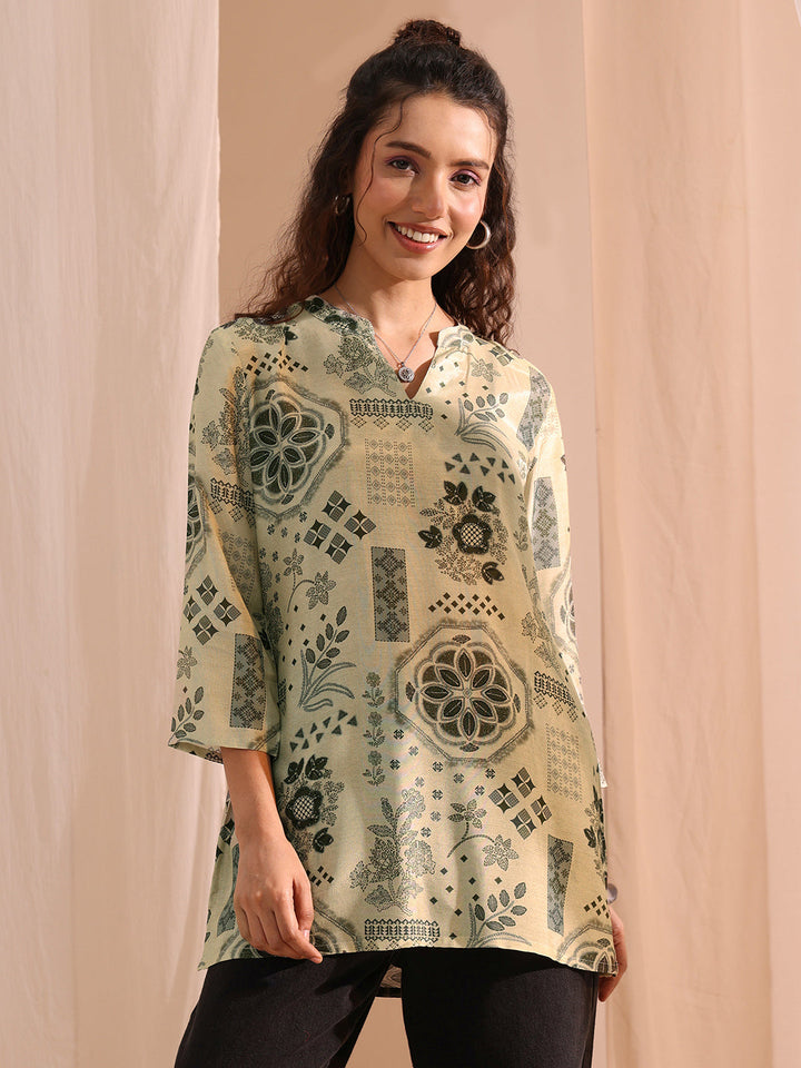 Libas Grey Ethnic Motif Printed Silk Blend Straight Short Kurti