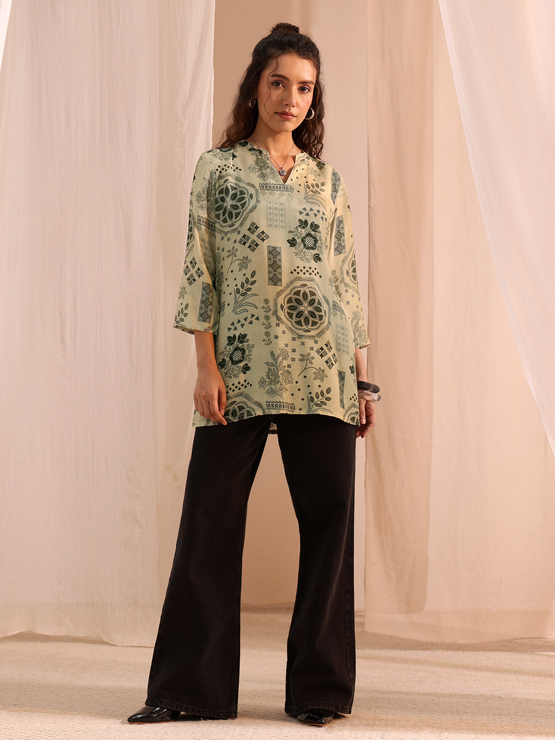 Libas Grey Ethnic Motif Printed Silk Blend Straight Short Kurti