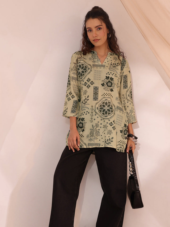 Libas Grey Ethnic Motif Printed Silk Blend Straight Short Kurti