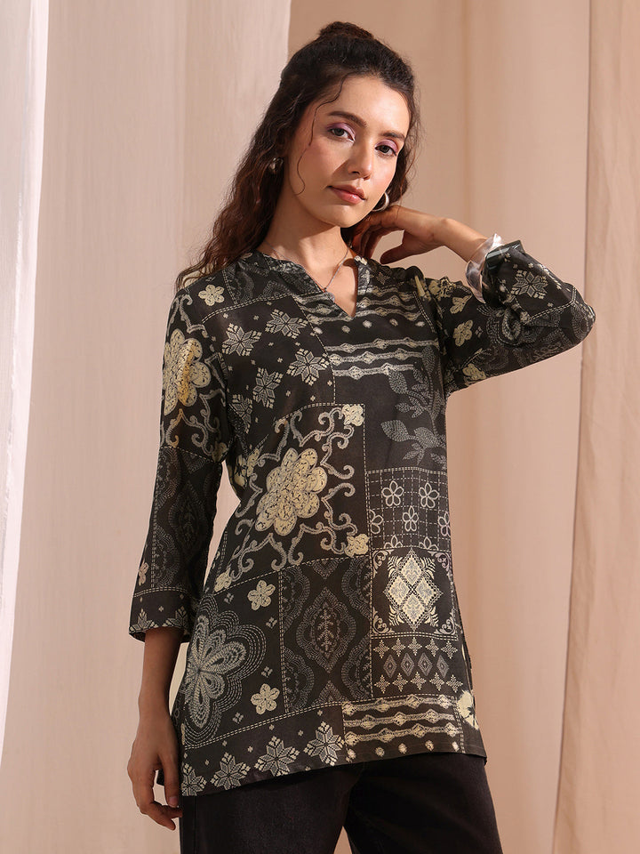 Libas Black Ethnic Motif Printed Silk Blend Straight Short Kurti