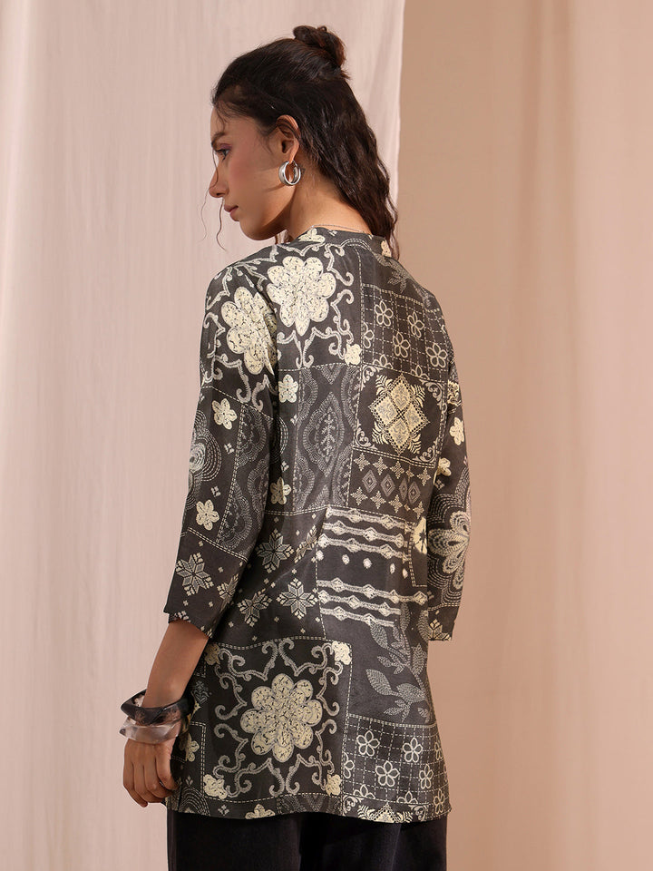 Libas Black Ethnic Motif Printed Silk Blend Straight Short Kurti