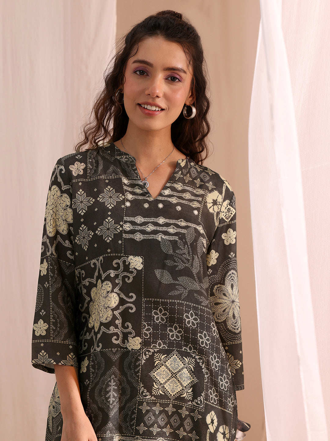 Libas Black Ethnic Motif Printed Silk Blend Straight Short Kurti