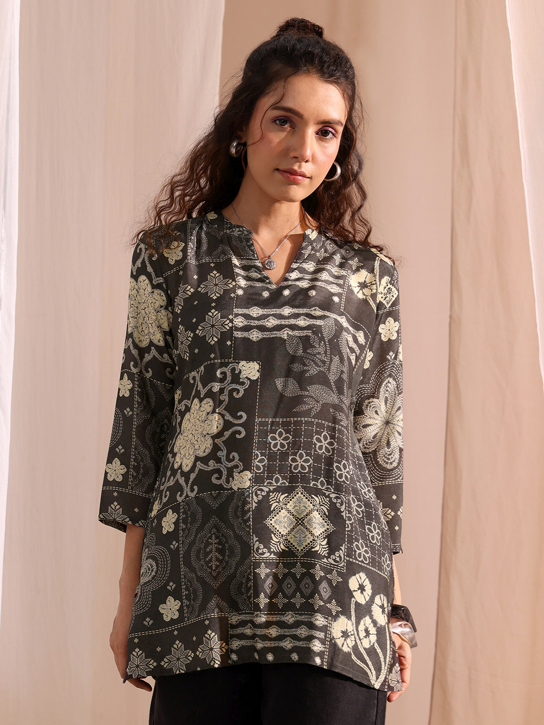 Libas Black Ethnic Motif Printed Silk Blend Straight Short Kurti