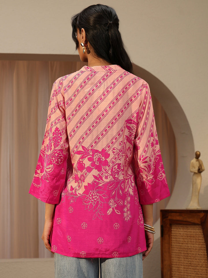 Fuchsia Pink Printed Muslin Straight Short Kurti