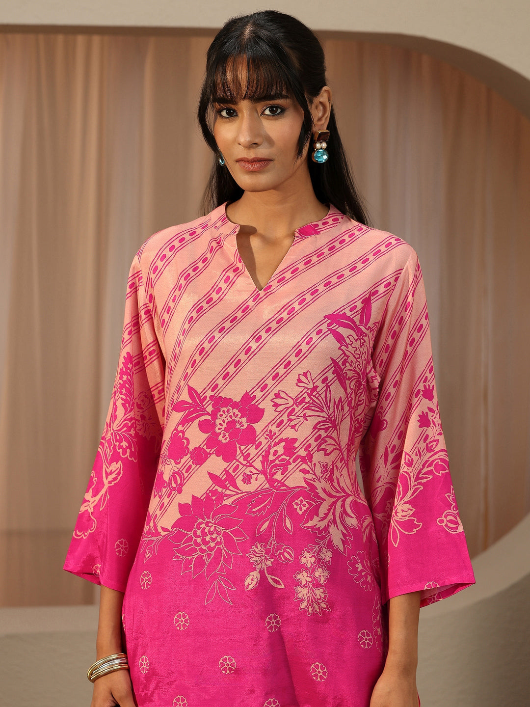 Fuchsia Pink Printed Muslin Straight Short Kurti
