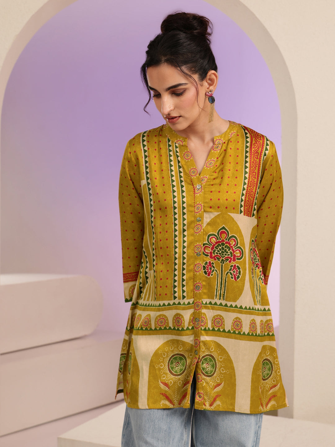 Libas Mustard Printed Straight Muslin  Short kurti