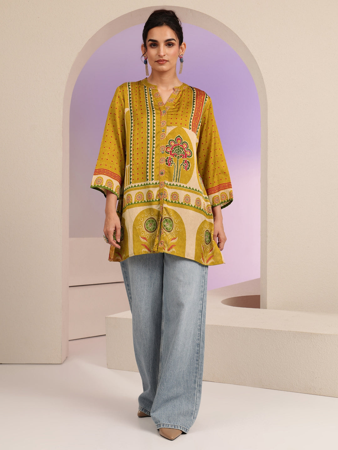 Libas Mustard Printed Straight Muslin  Short kurti