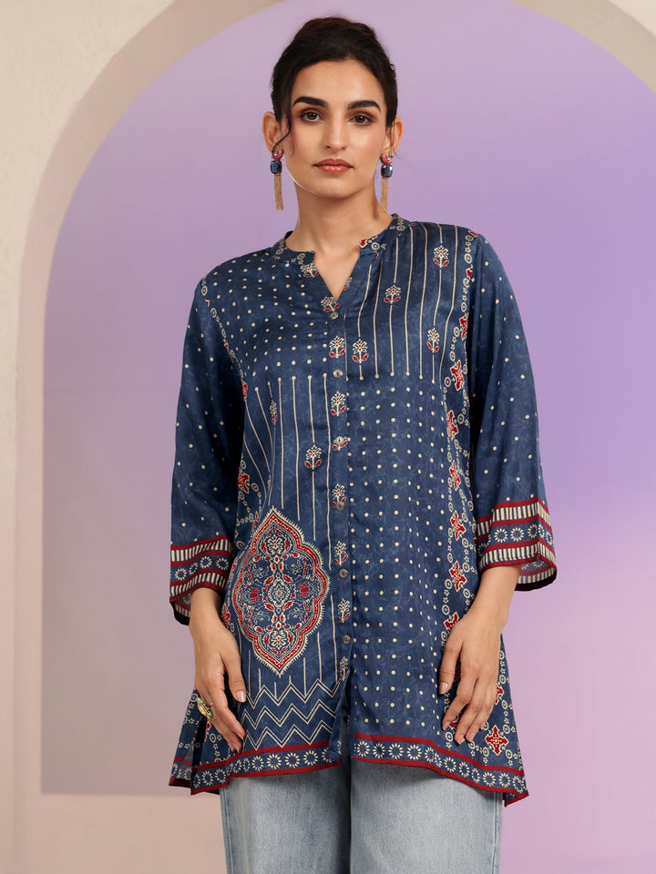 Libas Navy Printed Straight Muslin  Short kurti