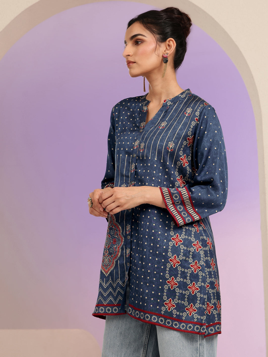 Libas Navy Printed Straight Muslin  Short kurti