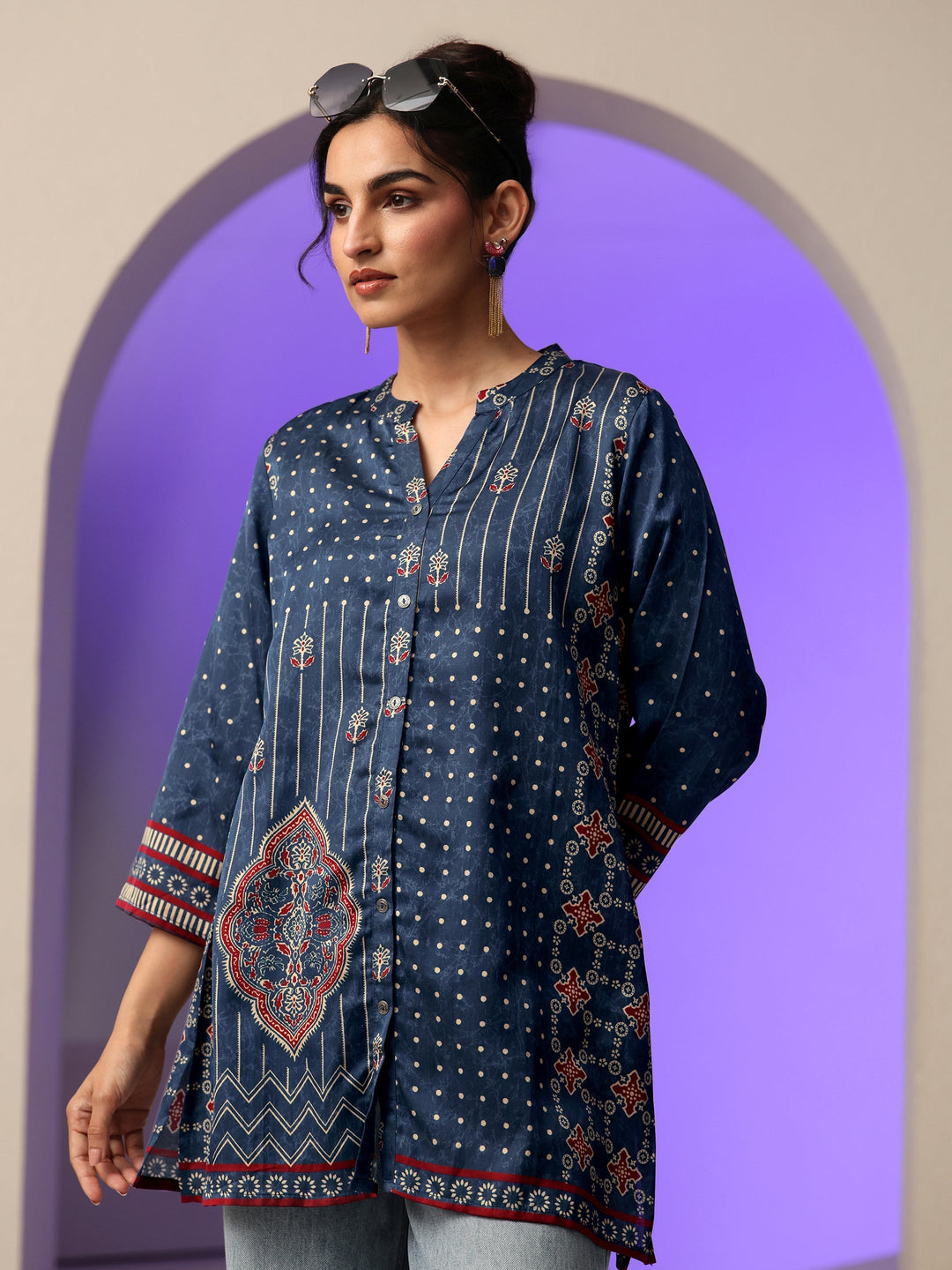 Libas Navy Printed Straight Muslin  Short kurti