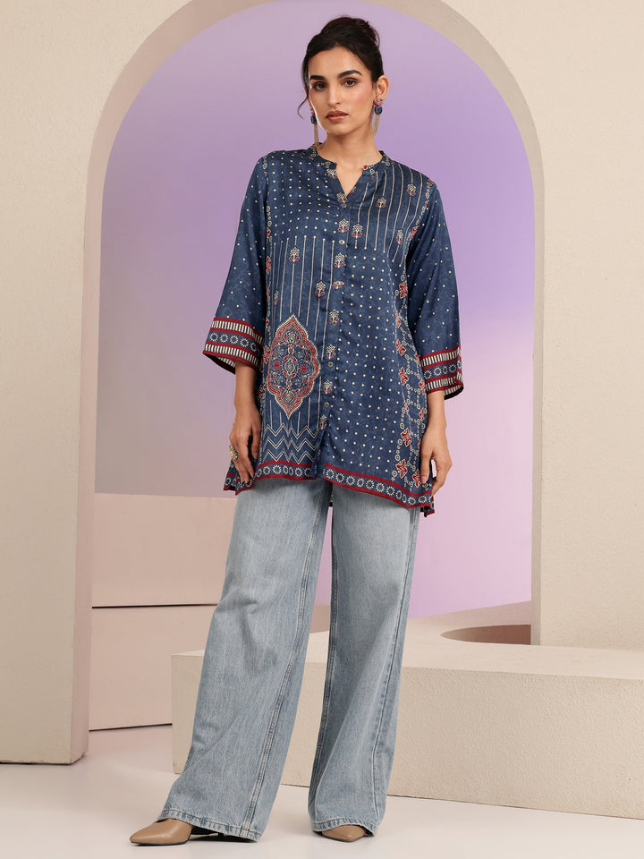 Libas Navy Printed Straight Muslin  Short kurti