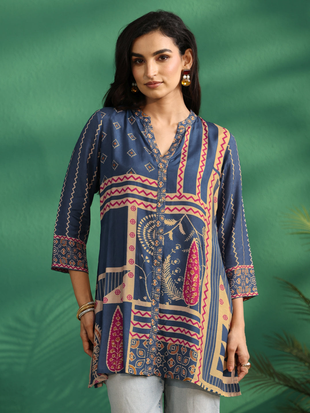 Libas Teal Blue Printed Muslin Short Kurti