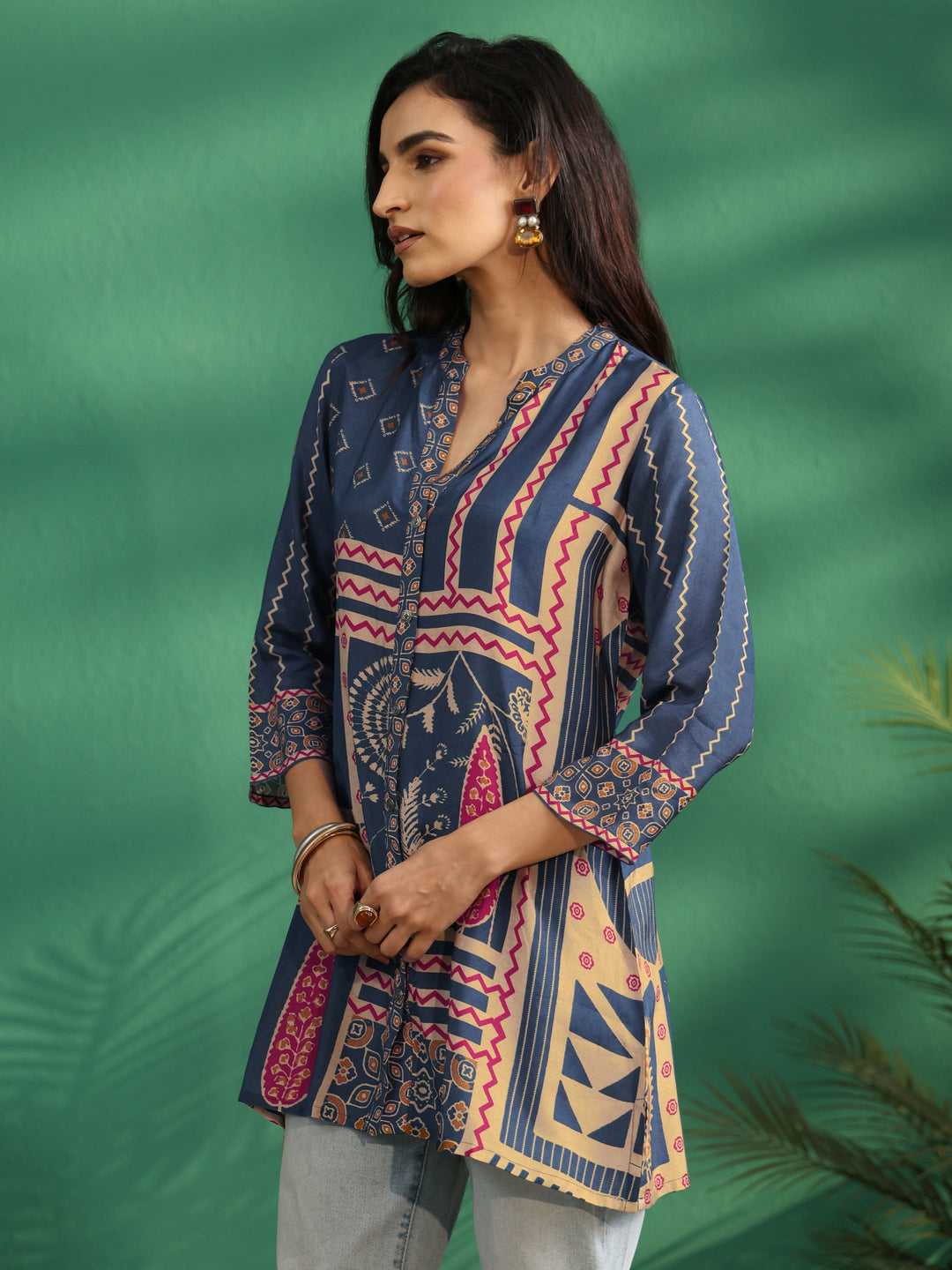 Libas Teal Blue Printed Muslin Short Kurti