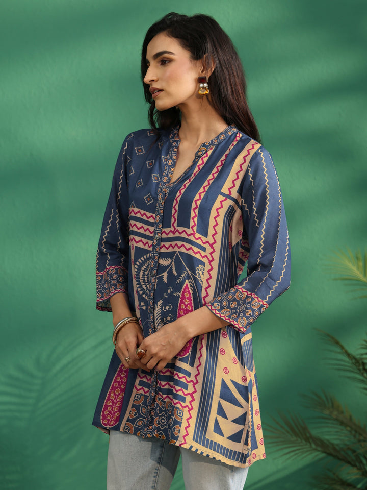 Libas Teal Blue Printed Muslin Short Kurti