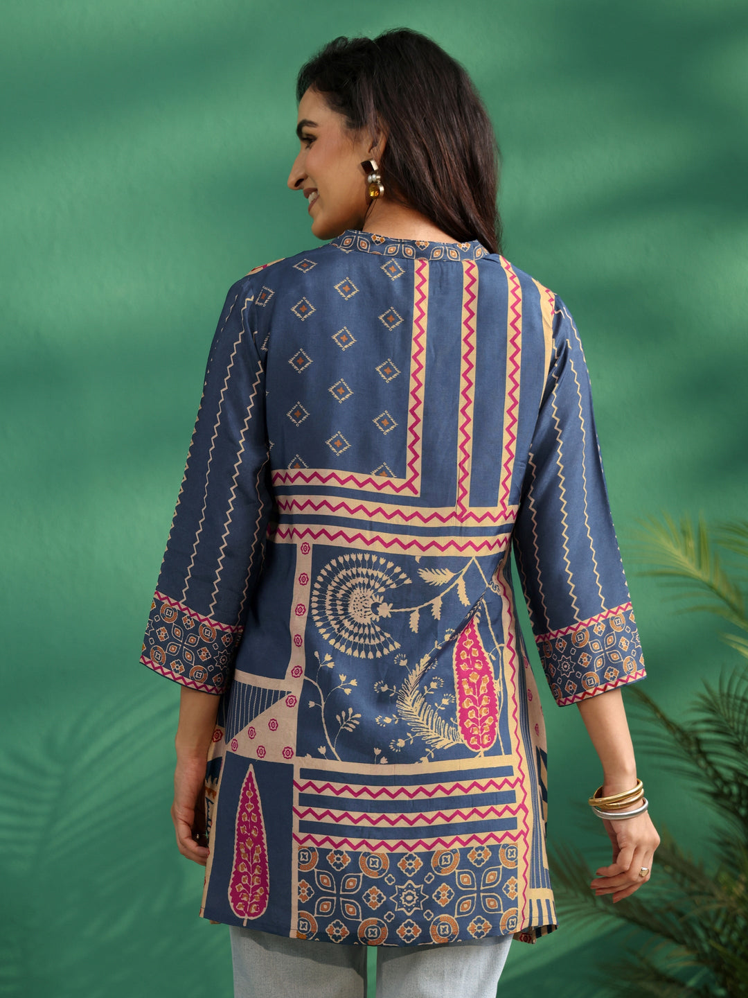 Libas Teal Blue Printed Muslin Short Kurti