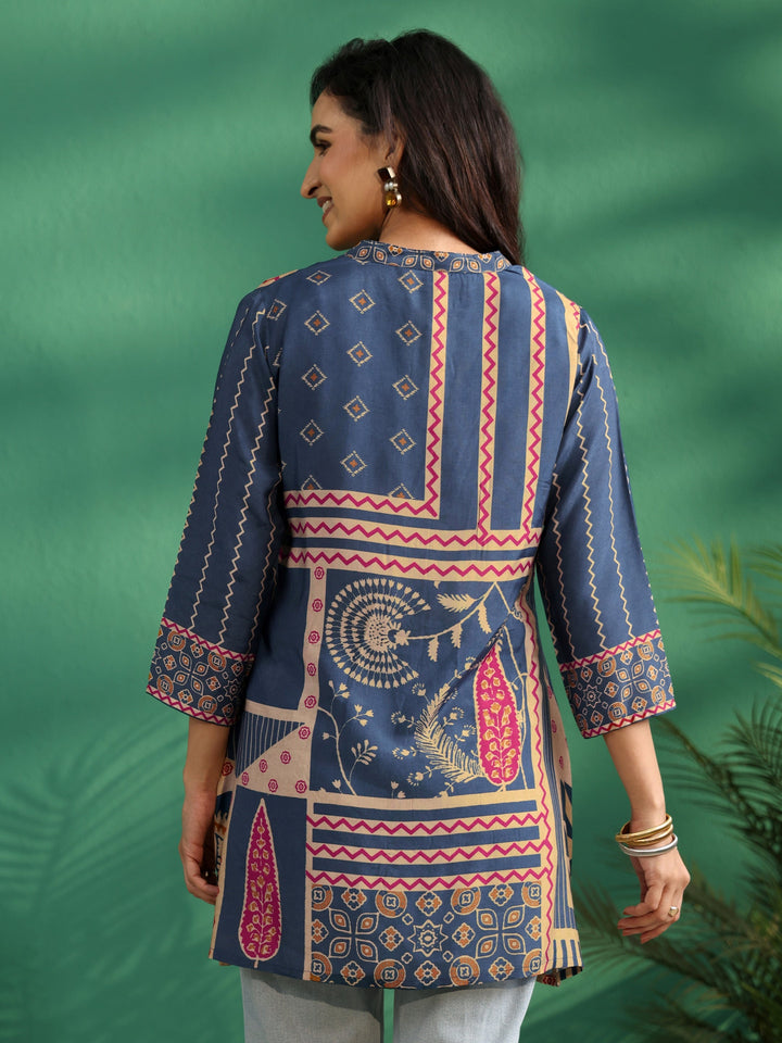 Libas Teal Blue Printed Muslin Short Kurti